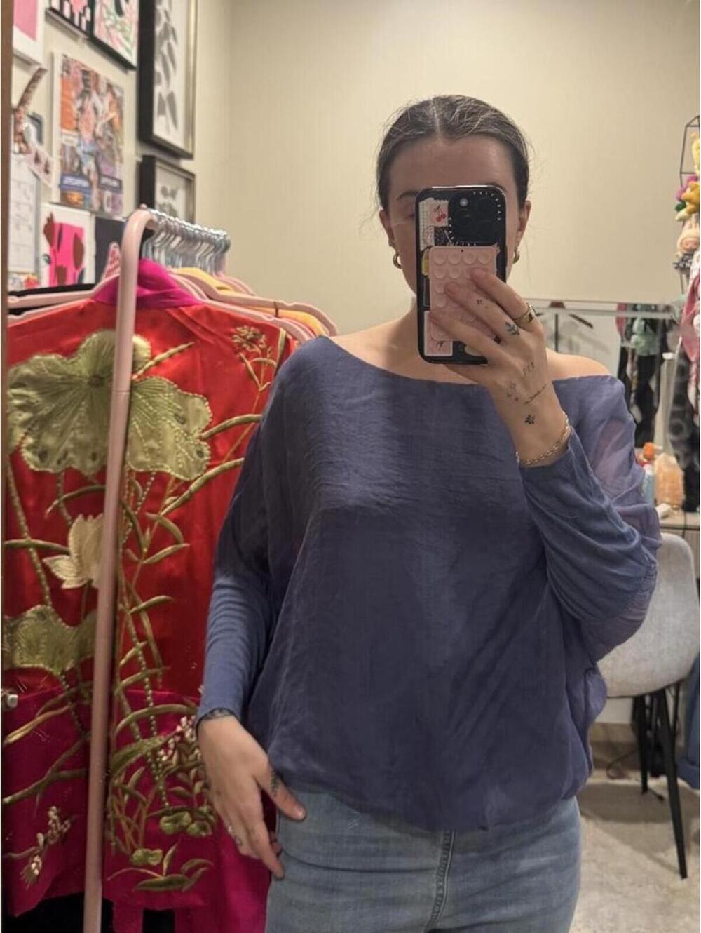 Y2K Keysha Collection Silk Overlay Batwing Top | Sheer Blue Dolman Blouse XS